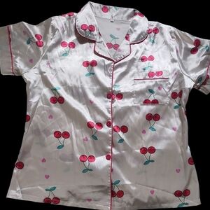 Cherry Print Satin Pajama Top